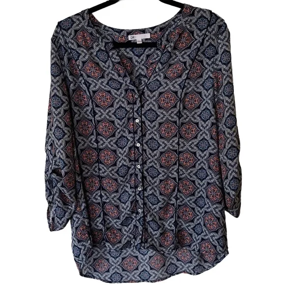 DR2 Women’s Large Blue & Salmon Pink Paisley Bohemian Button Up Blouse. - Picture 1 of 11